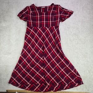 J Jill Plaid V Neck‎ Short Sleeve Midi Dress Womens Size S Burgundy Red Holiday